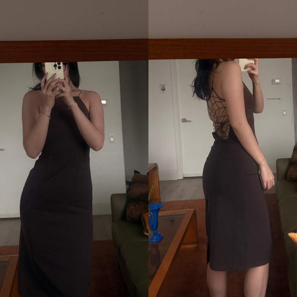 Brown Open-Back Midi Dress | XS–S